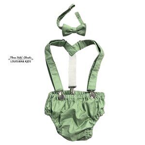 Handmade Small Shop 6-12m Green 1st Birthday Cake Smash Bloomers Suspenders Bowt